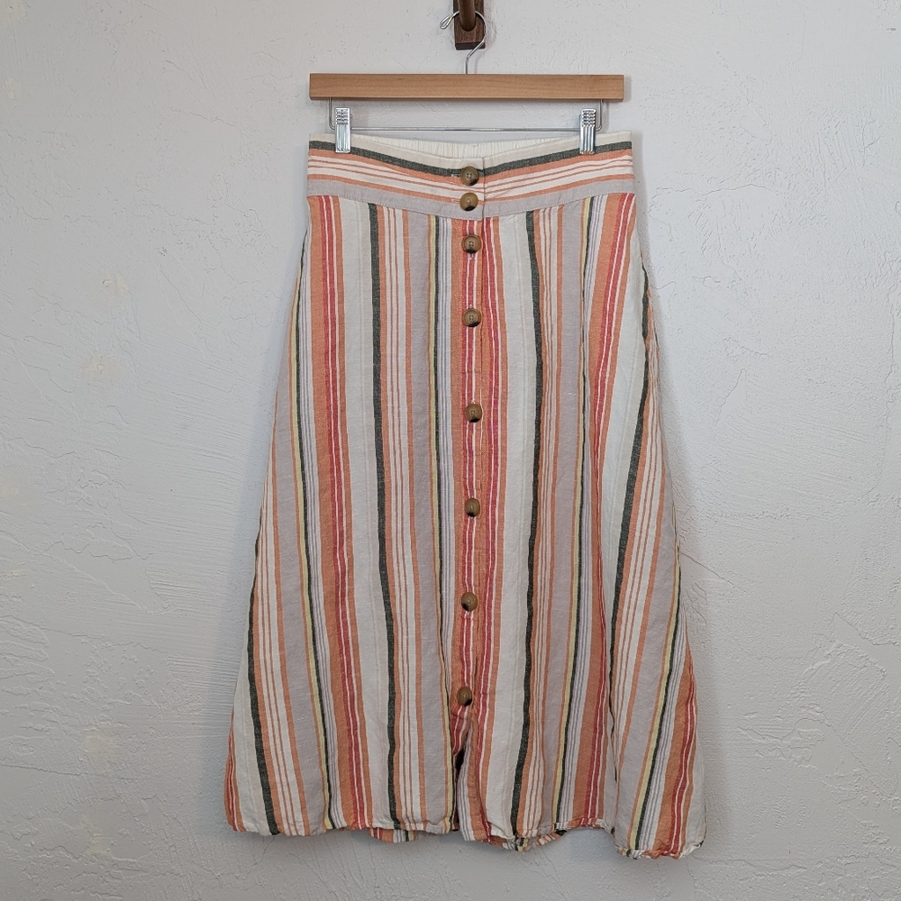 Linen Striped Button-Down Flowy Midi Skirt Coastal Teacher Casual Breathable